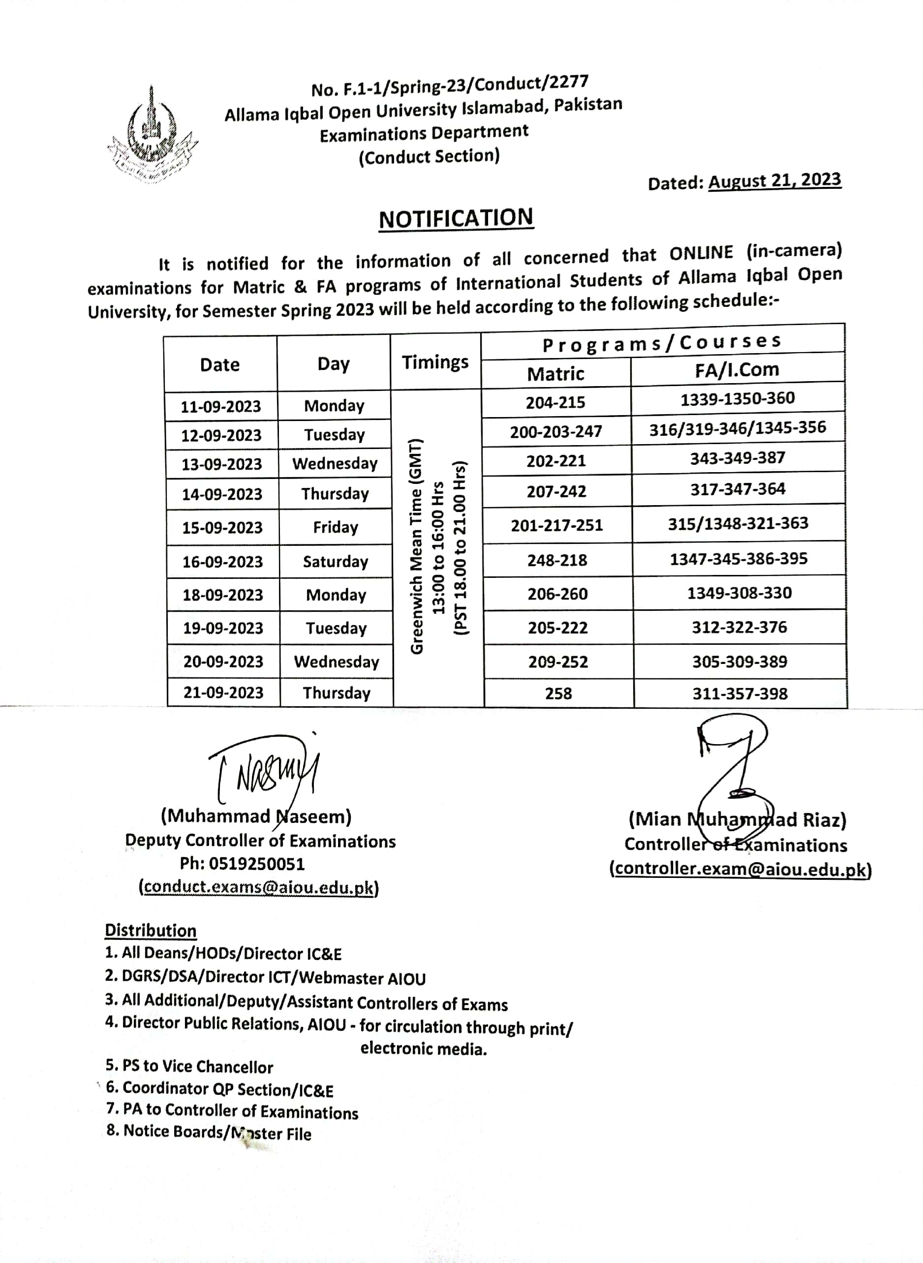 Date Sheet Education For All